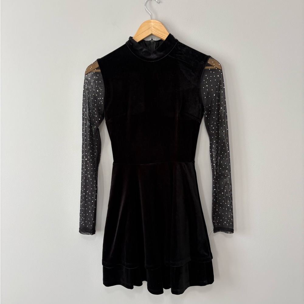 Ice Goth Princess Black Velvet Fit-and-Flare Mini Dress Sheer Rhinestone Sleeves